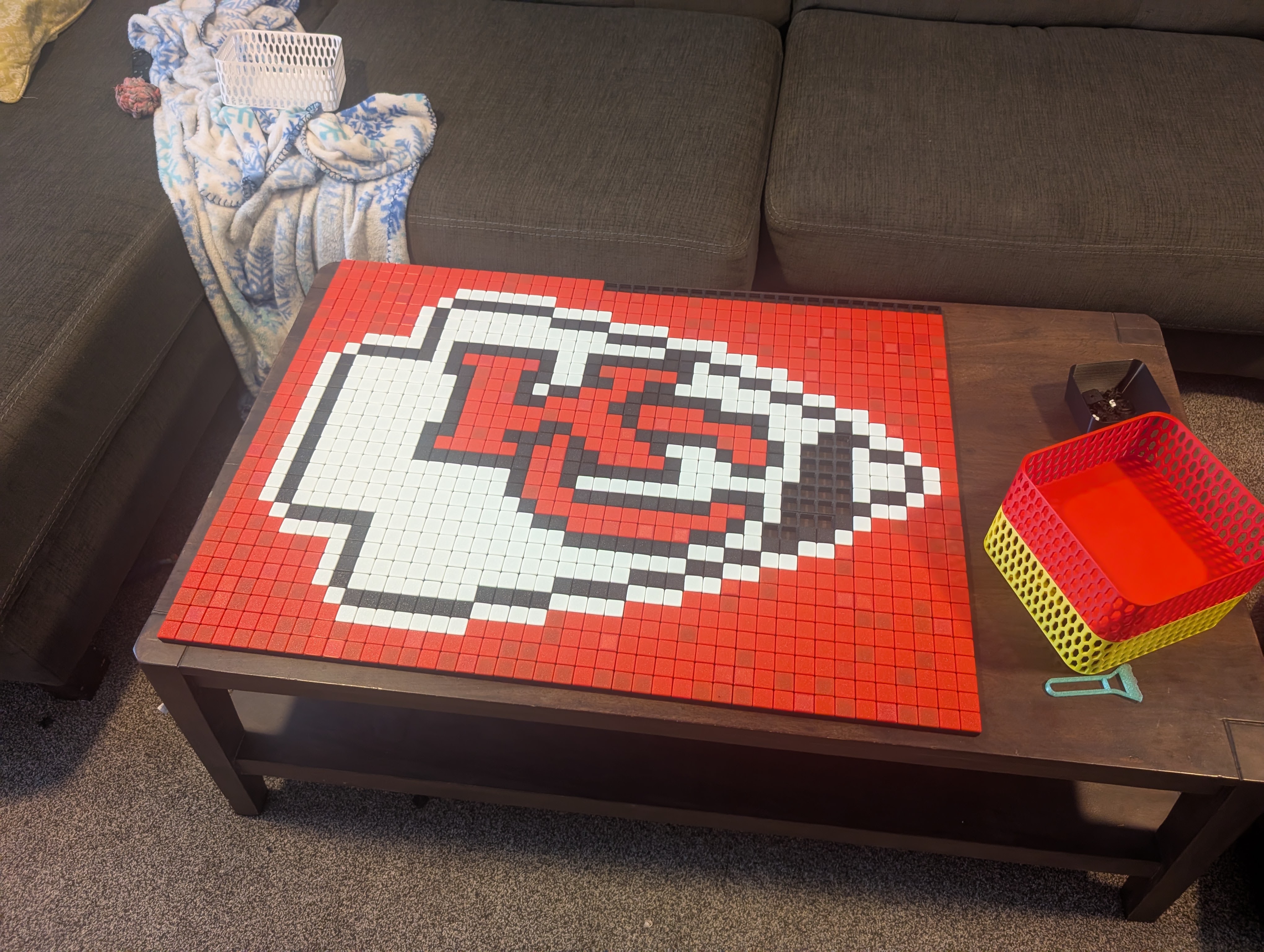 A finished red, black and white Klixel wall-art design